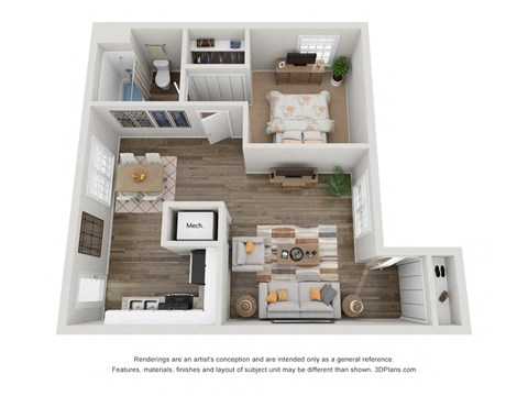 Floor plan for 1 bed, 1 bath, 625 sqft